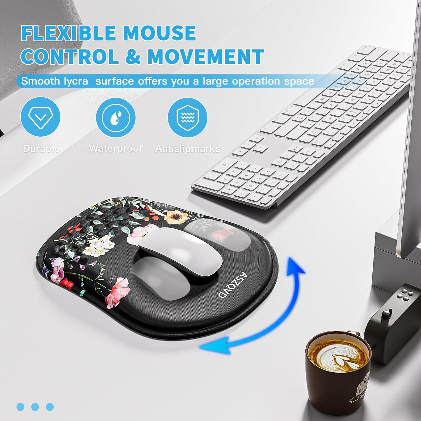 Mouse Pad with Wrist Rest, Ergonomic Mousepads with Wrist Support, Soft Lycra Fabric Memory Foam Office Desk Accessories for Comfort/Pain Relief/PC Gaming/Computer/Laptop (Black Flower)