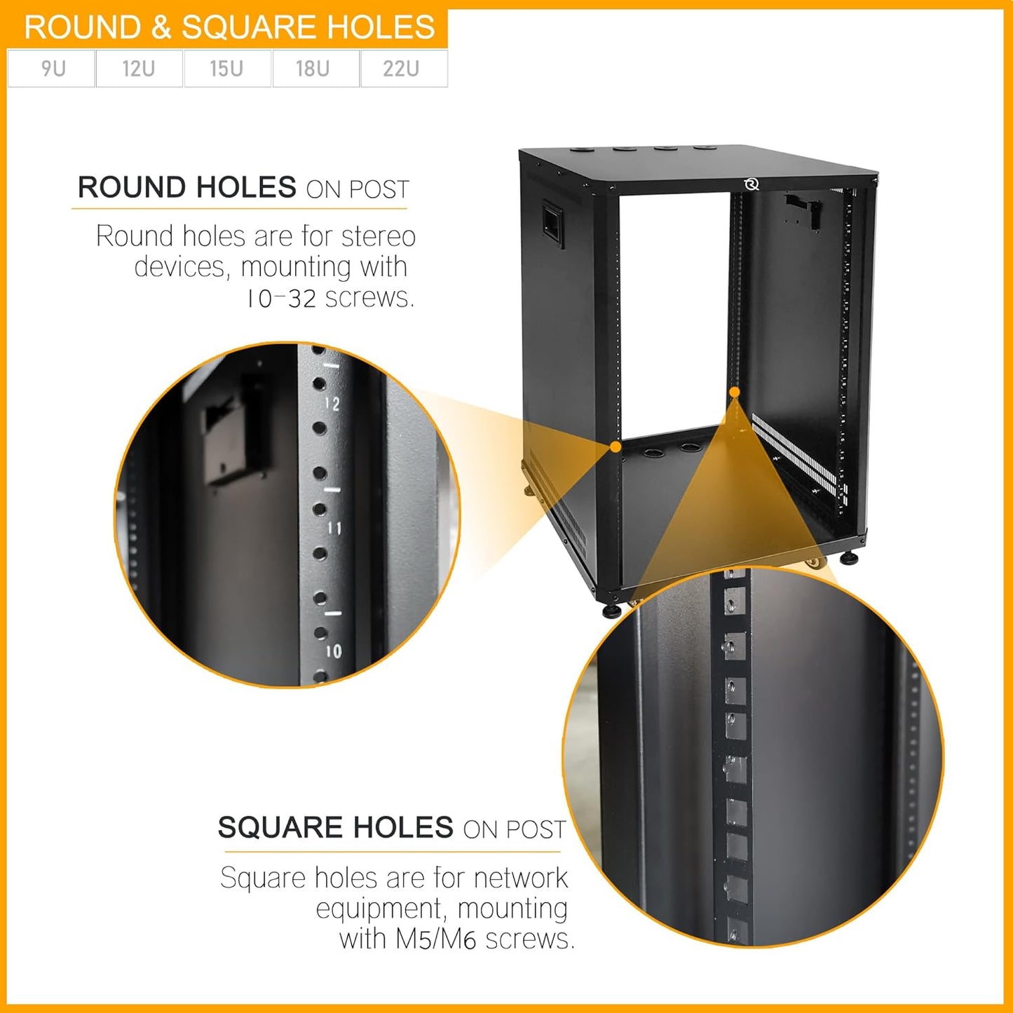 RIVECO POMU 6U Stereo & Studio Rack with Caster Wheels, Rolling Network Cabinet, Open Frame Audio Rack for 19 inches Video Music Recording & IT Equipment, Obtuse Angel, Lifting Handle