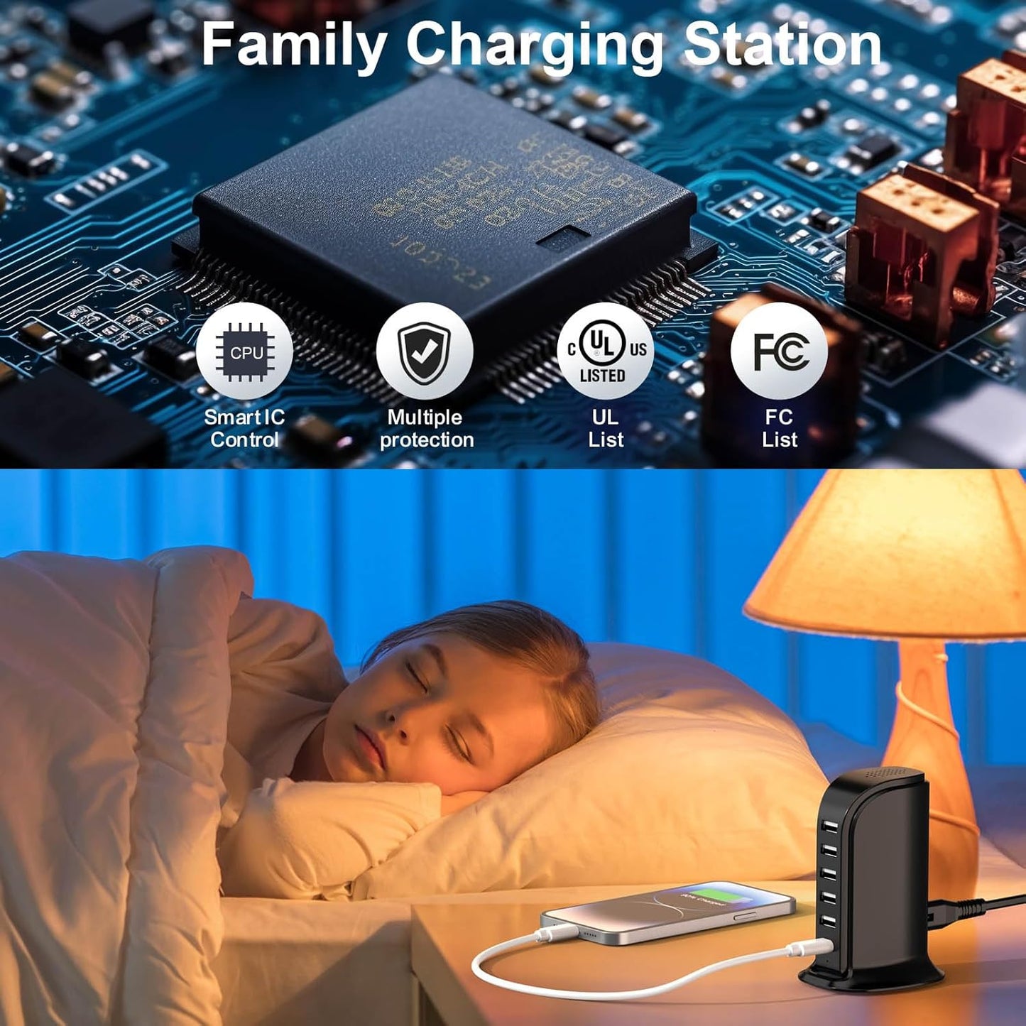 USB Charger Block with Type C, 6-Port Chargers for Multiple Devices, USB Charging Hub with Smart IC, Charger Station Total 60W for Phone/Tablet/Gaming, Wall Charger Adapter Compact&Portable