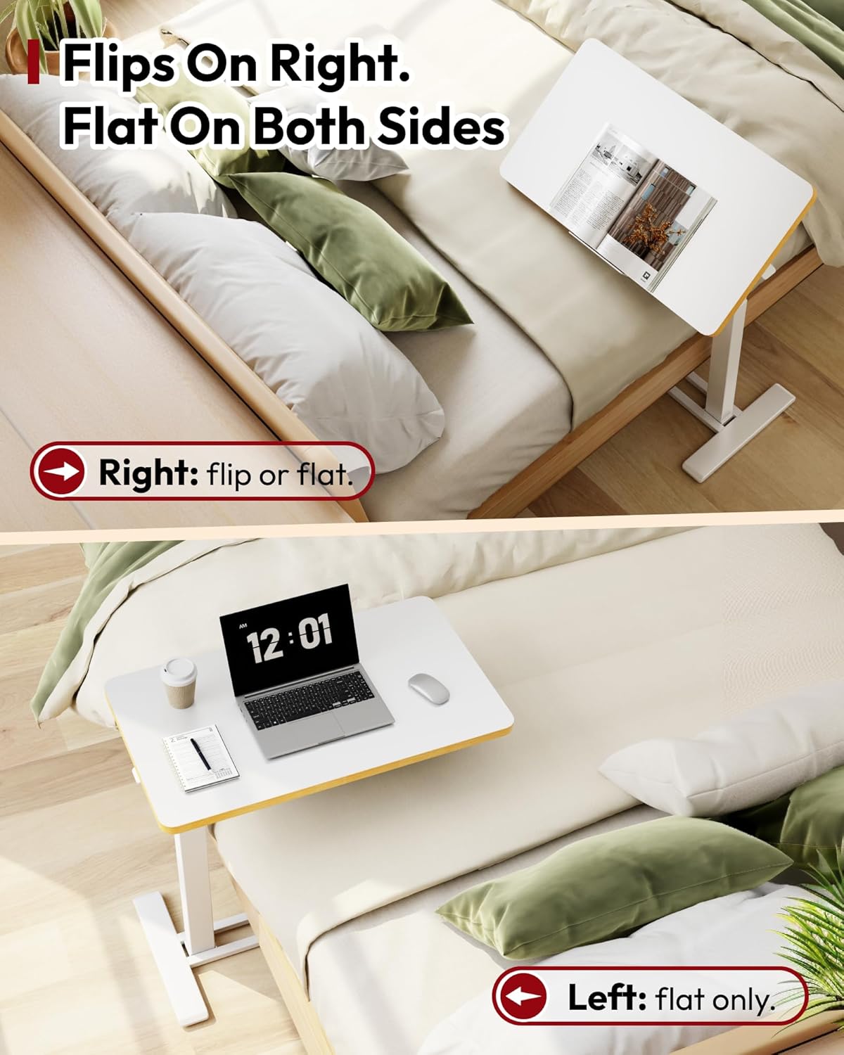 SANODESK Medical Adjustable Overbed Bedside Table with Casters 90° Tilt Top Pneumatic Mobile Rolling Laptop Computer Standing Desk Cart with Tray, Hospital and Home Use(31.5" W x 17.7" D, White)