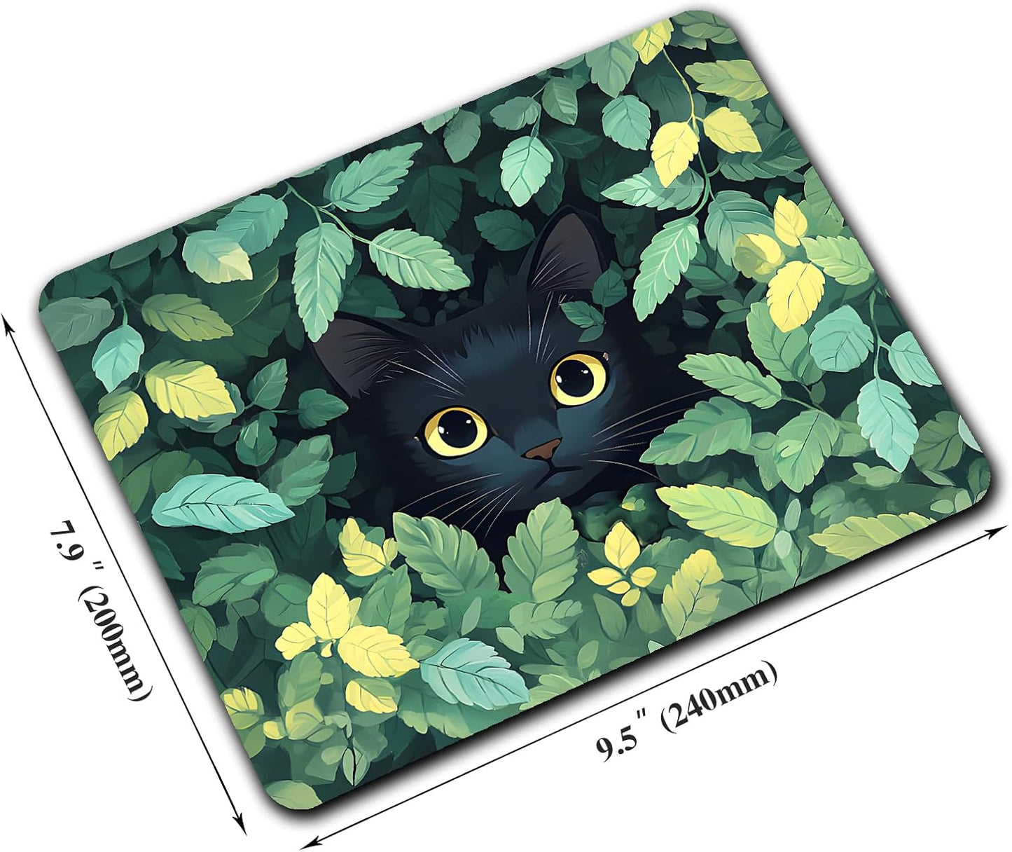Green Flowers Black Cat Custom Mouse Pad with Non-Slip Rubber, Small Square Design for Wireless Laptop & Computer Mouse Pads for Desk, 9.5 x 7.9 inch Smooth Surface for Gaming & Office