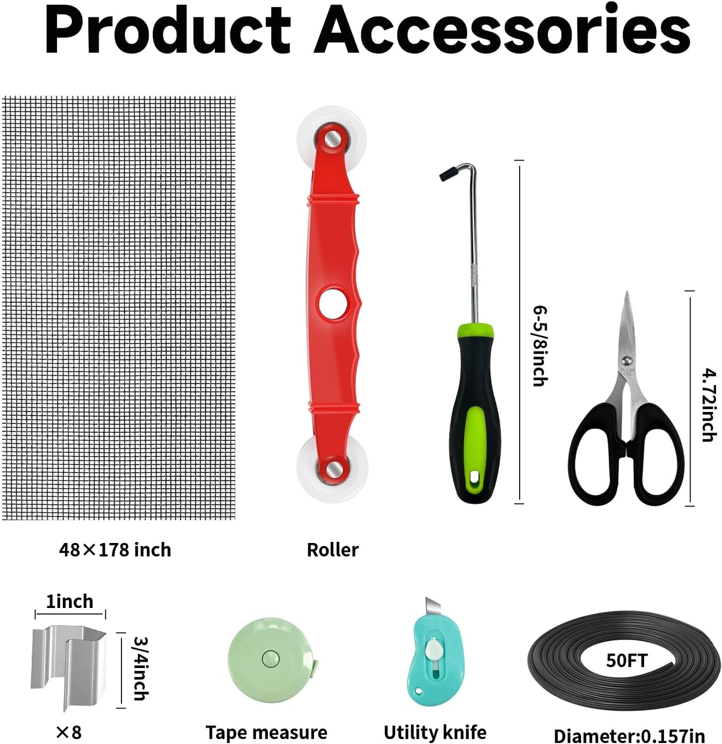 Window Screen Door Repair/Replacement Kit,48" x178" Adjustable Durable Fiberglass Window Screen Mesh,with Spline/Roller/Hook/Clips Screen Door Repair Kit,DIY Window,Porch Sliding Door(Black)