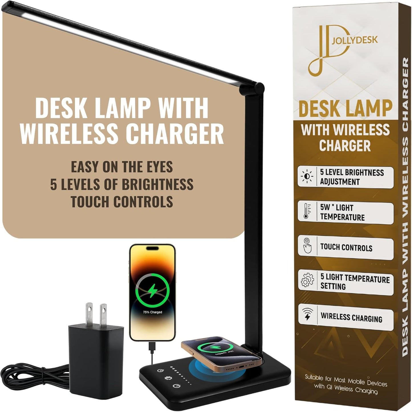 LED Desk Lamp with Wireless Charger – Touch Control Dorm Desk Lamp with USB Charging Station, 3 Color Modes & 5 Brightness Levels, Ideal for Home, Office, Bedroom, Study Area, & College Dorm, Black