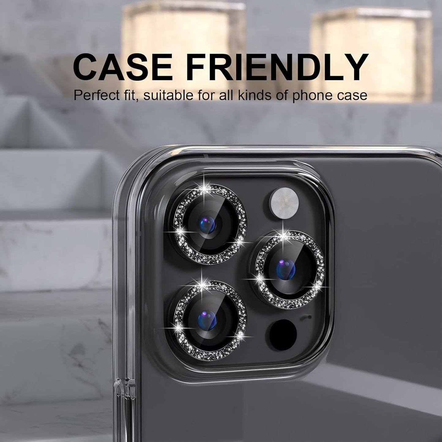 Choiche Compatible for iPhone 16 Pro/iPhone 16 Pro Max Camera Lens Protector Bling, 9H Tempered Glass Camera Cover Screen Protector Metal Ring Decoration Accessories (Glitter-Black)