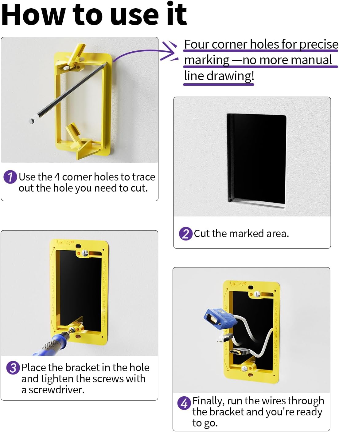 VCE Low Voltage Mounting Bracket Single Gang Wall Plate, Flush Low Voltage Box for Network, HDMI, Coaxial, Speaker, Telephone Cables, Yellow, 5 Pack