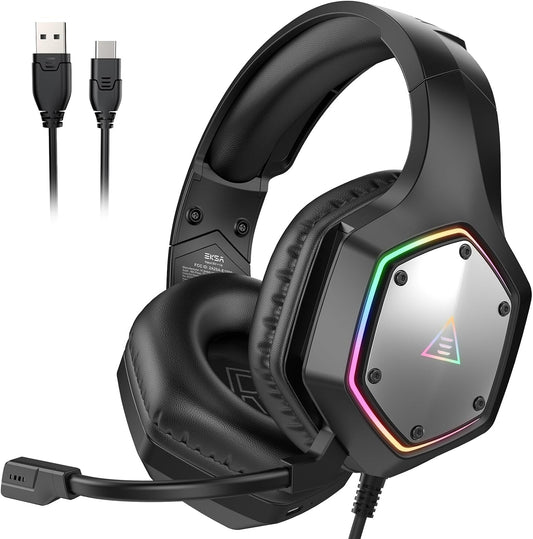 EKSA E1000 V2 Gaming Headset, PC Headset with USB C Plug, Wired Headphones with Noise Canceling Microphone, 7.1 Surround Sound, RGB Light, include USB Adapter for Computer,Mac, PS4/PS5 Console, Laptop