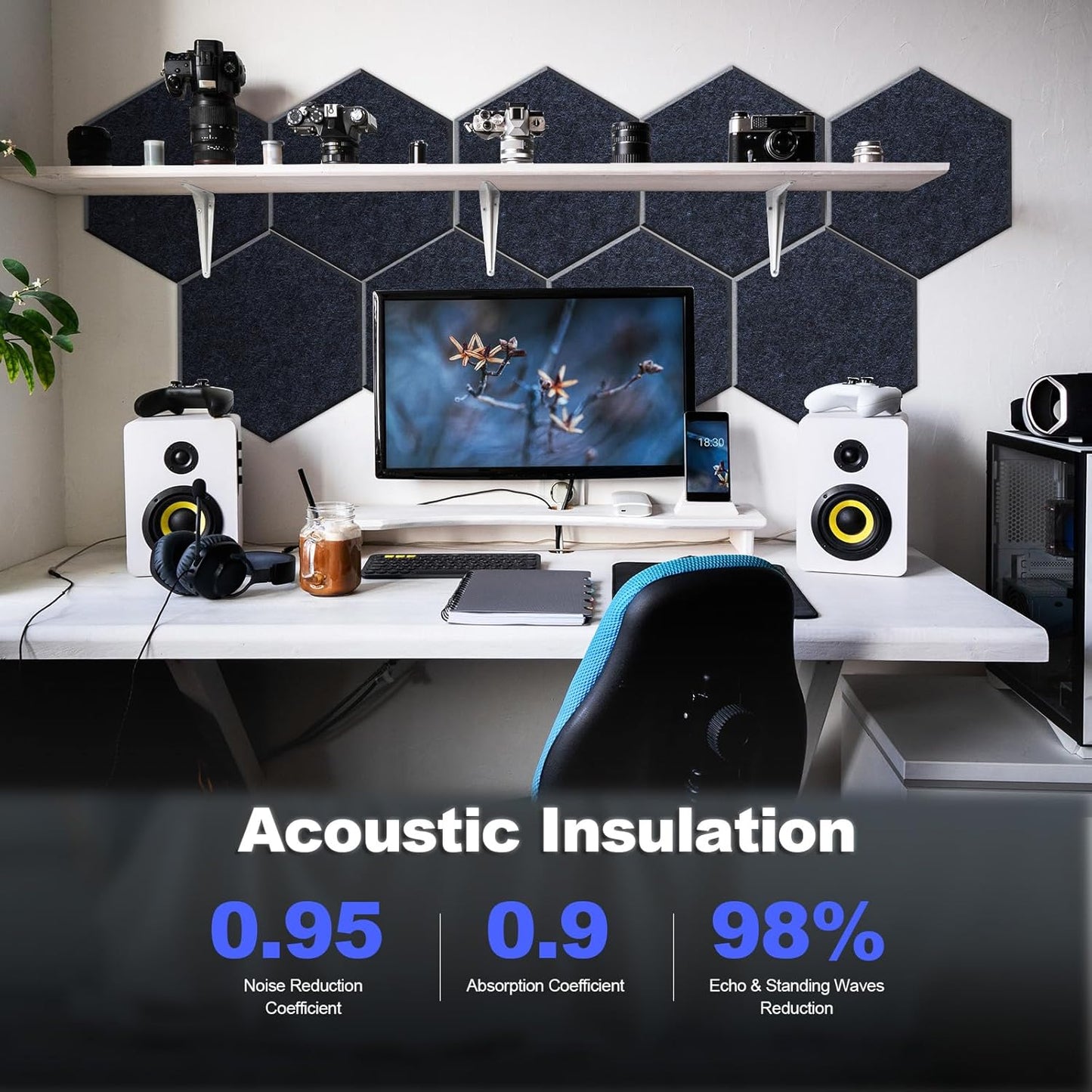 Mollywell Hexagon Acoustic Panels, High Density, Soundproofing, Decorative Noise Reduction Felt Wall Tiles for Ceilings, Home Office & Gaming Room (Ink Blue), 14x12x0.4 Inch