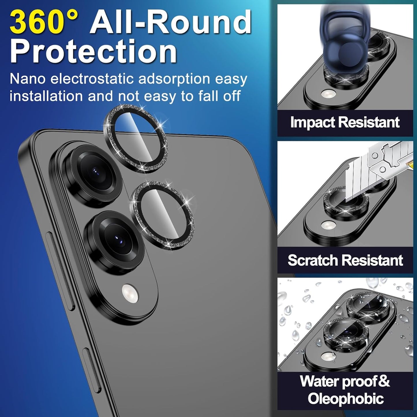 for Samsung Galaxy S25 Edge Camera Lens Protector, Individual Metal Ring Tempered Glass Lens Cover, [Strong Adsorption] Scratch Resistant Ultra-Thin HD Clear Lens Cover, 1 Set-Black Sparkly