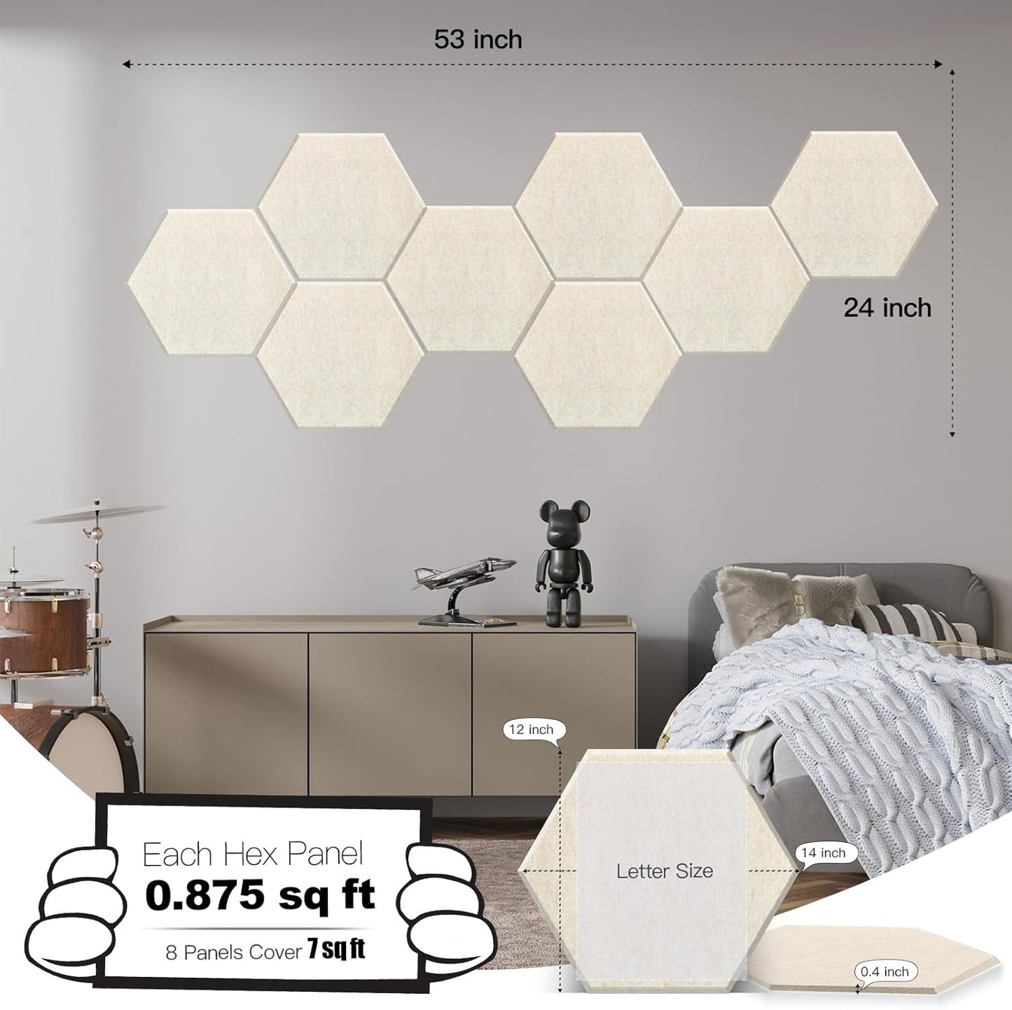 Mollywell Hexagon Acoustic Panels, High Density, Soundproofing, Decorative Noise Reduction Felt Wall Tiles for Ceilings, Home Office & Gaming Room (Beige), 14x12x0.4 Inch
