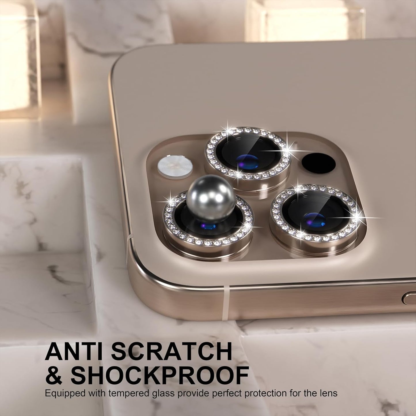 Choiche Compatible for iPhone 16 Pro/iPhone 16 Pro Max Camera Lens Protector Bling, 9H Tempered Glass Camera Cover Screen Protector Metal Ring Decoration Accessories (Diamond-Titanium Desert)