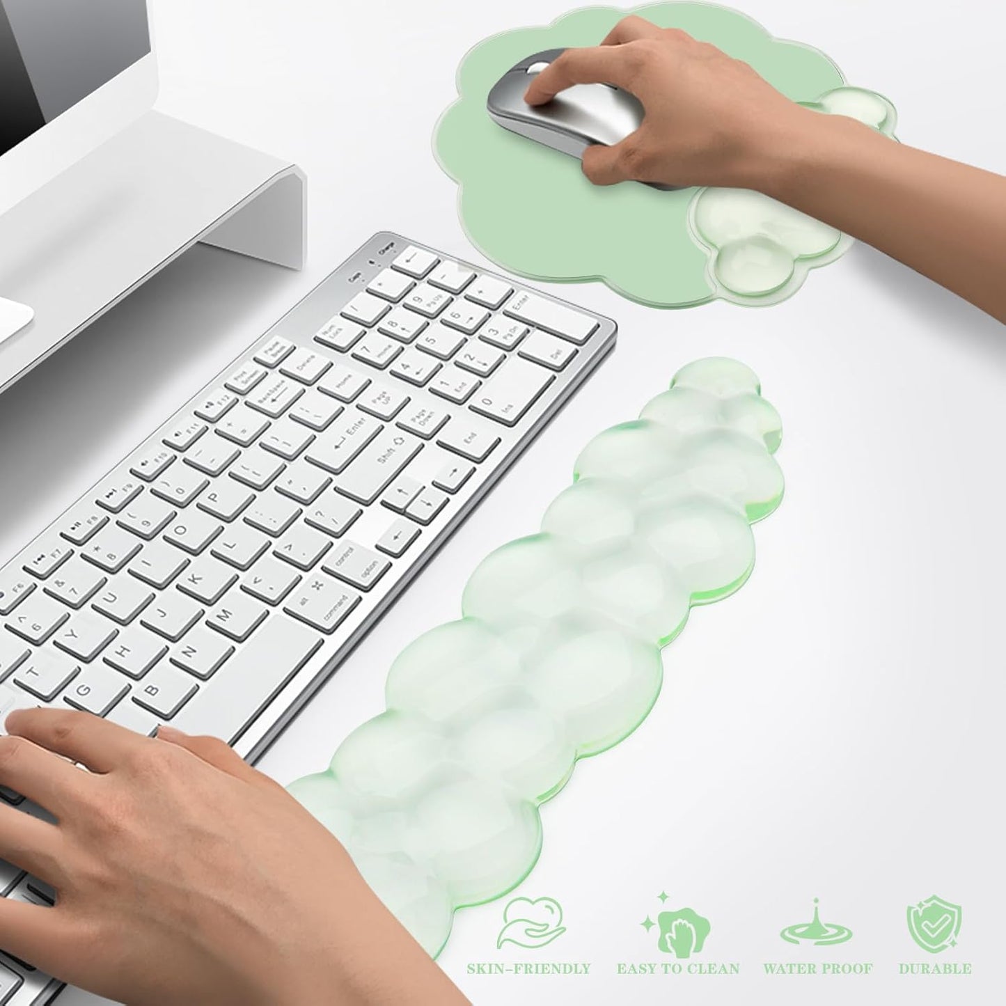 Gel Cloud Keyboard and Mouse Wrist Rest, Cute Wrist Support and Arm Support Rest for Typing Pain Relief，Suitable for Office/Computer/Laptop/Gaming Set-Green
