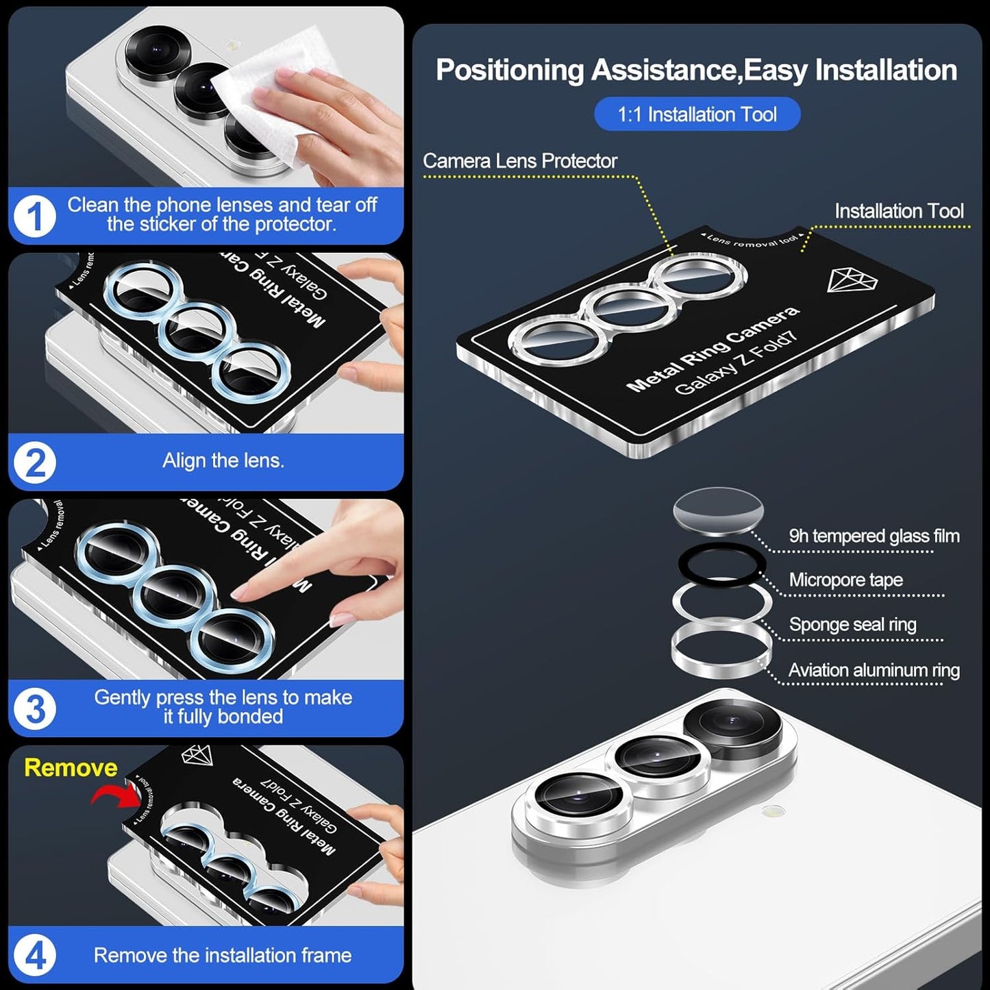 for Samsung Galaxy Z Fold 7 Camera Lens Protector, Individual Metal Ring Tempered Glass Lens Cover, [Strong Adsorption] Scratch Resistant Ultra-Thin HD Clear Lens Cover, 1 Set-Silver