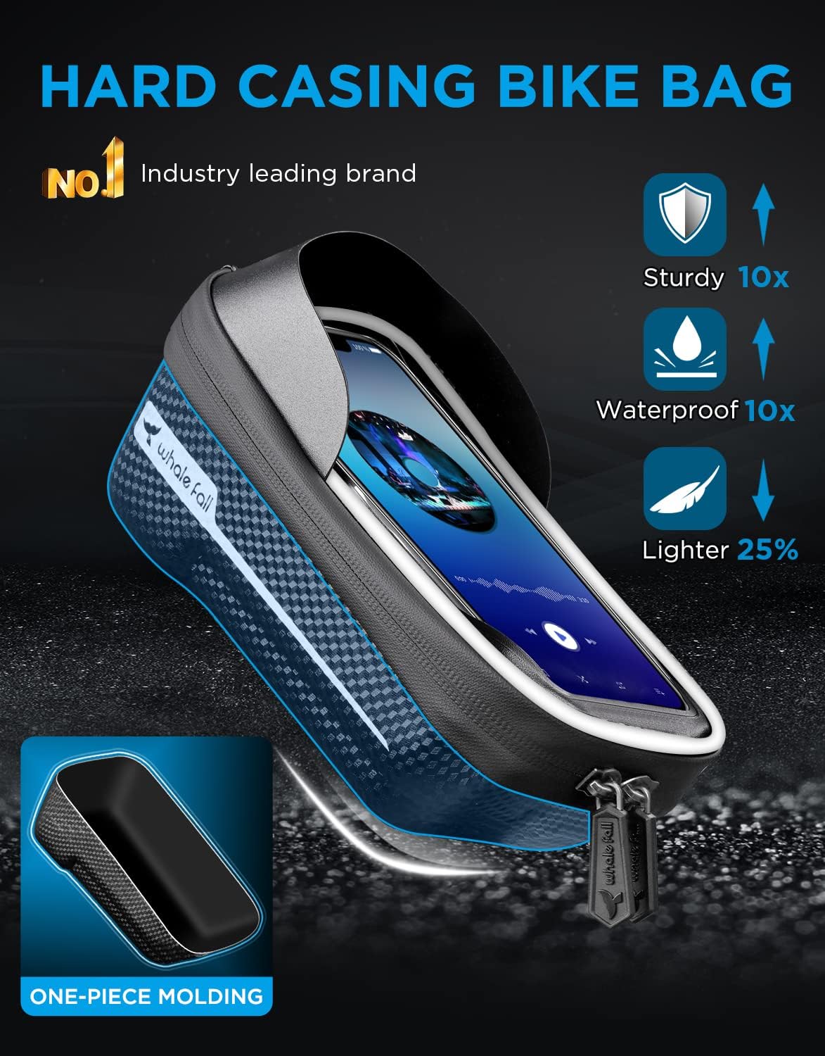 whale fall Hard Casing Bike Bag, Bike Accessories for Adult Bikes, Gifts for Men, Mens Gifts for Birthday,Bicycle Enthusiasts,Sturdy/Lighter/Waterproof, 4” - 6.9” Cellphone, Black-Reflective Strip