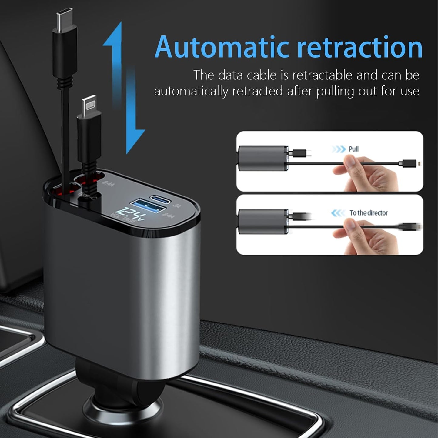 Retractable Car Charger, 66W 4 in 1 Super Fast Charging Car Phone Charger with 2 Retractable 31.5 Inch Cables and 2 USB Ports for iPhone 15/14/13/12/11, Galaxy, Pixel（S）