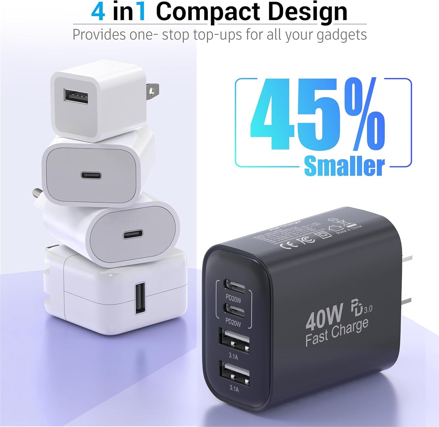 USB C Block 40W, 4 Ports Wall Plug Fast Charging Block, PD+QC Multiport Power Adapter USB C Charger Type C for iPhone 16,15,14,13,12,11, Pro Max, X, Xr, Xs, 8, 7, Watch, Galaxy Phones-Black 2Pack