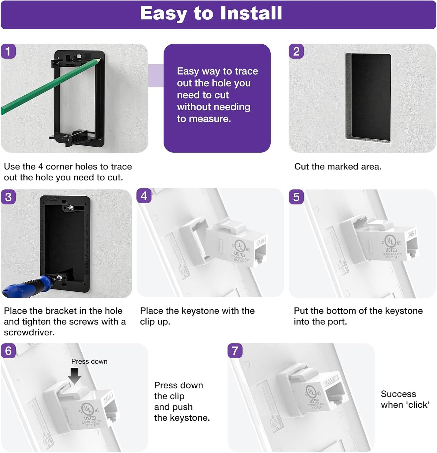 VCE Ethernet Wall Plate (UL-Listed), 1-Port CAT6 Wall Plate and Jack, RJ45 Keystone Wall Outlet with Single Gang Low Voltage Mounting Bracket, White 2-Pack