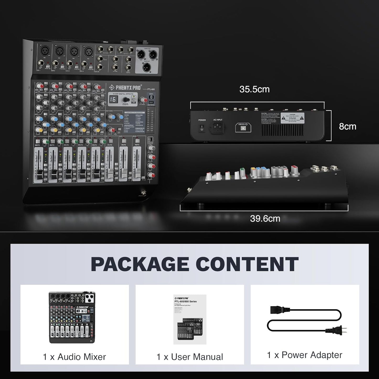 Professional 6-Channel Audio Mixer, Phenyx Pro DJ Sound Mixer Board w/Flexible AUX, BUS, SUB Routing, 16 DSP, BT Streaming & USB-B PC Recording, Mixing Console for Stage, Home Studio (PTL-600)