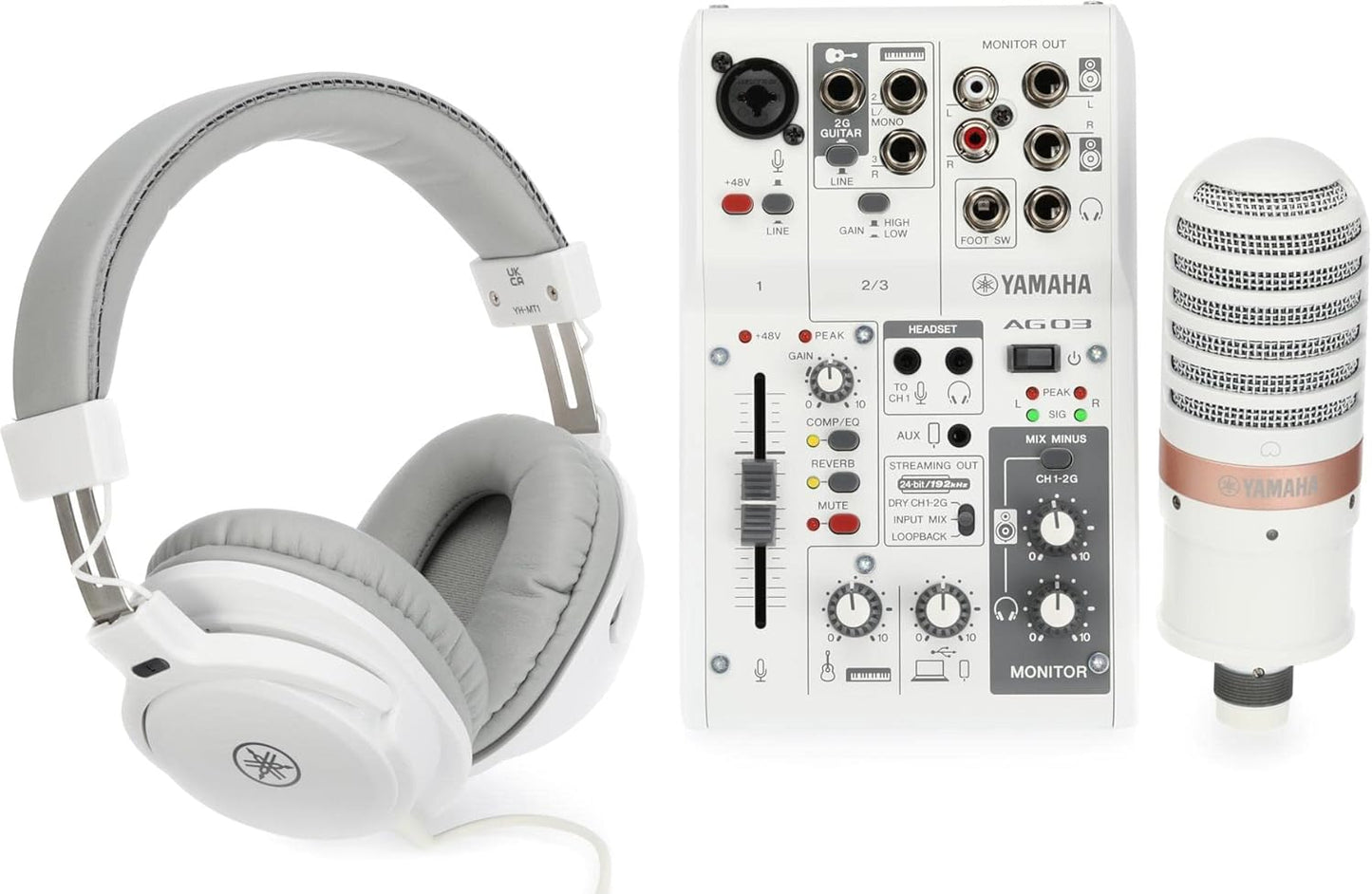 Yamaha AG03MK2 White Live Streaming Kit with mixer/USB interface, condenser microphone, headphones and mic cable