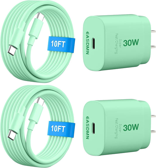 30W USB C i Phone 16 15 Charger Fast Charging, 2PACK Wall Charger for iPhone 16 15 Pro Max Charger Cord 10FT Fast Type C Charger Block for iPhone 16/16 Pro/15 Plus/15 Pro/15 Pro Max, iPad Pro, Green