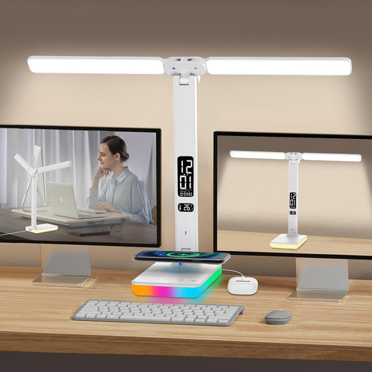 LED Desk Lamp with Charger, USB Charging Port, Dual Swing Arm Desk Light with 5 Brightness, 3 Colors, Table Lamp with Clock, Alarm, Date, Temperature, Desk Lamp for Home Office Study (White)
