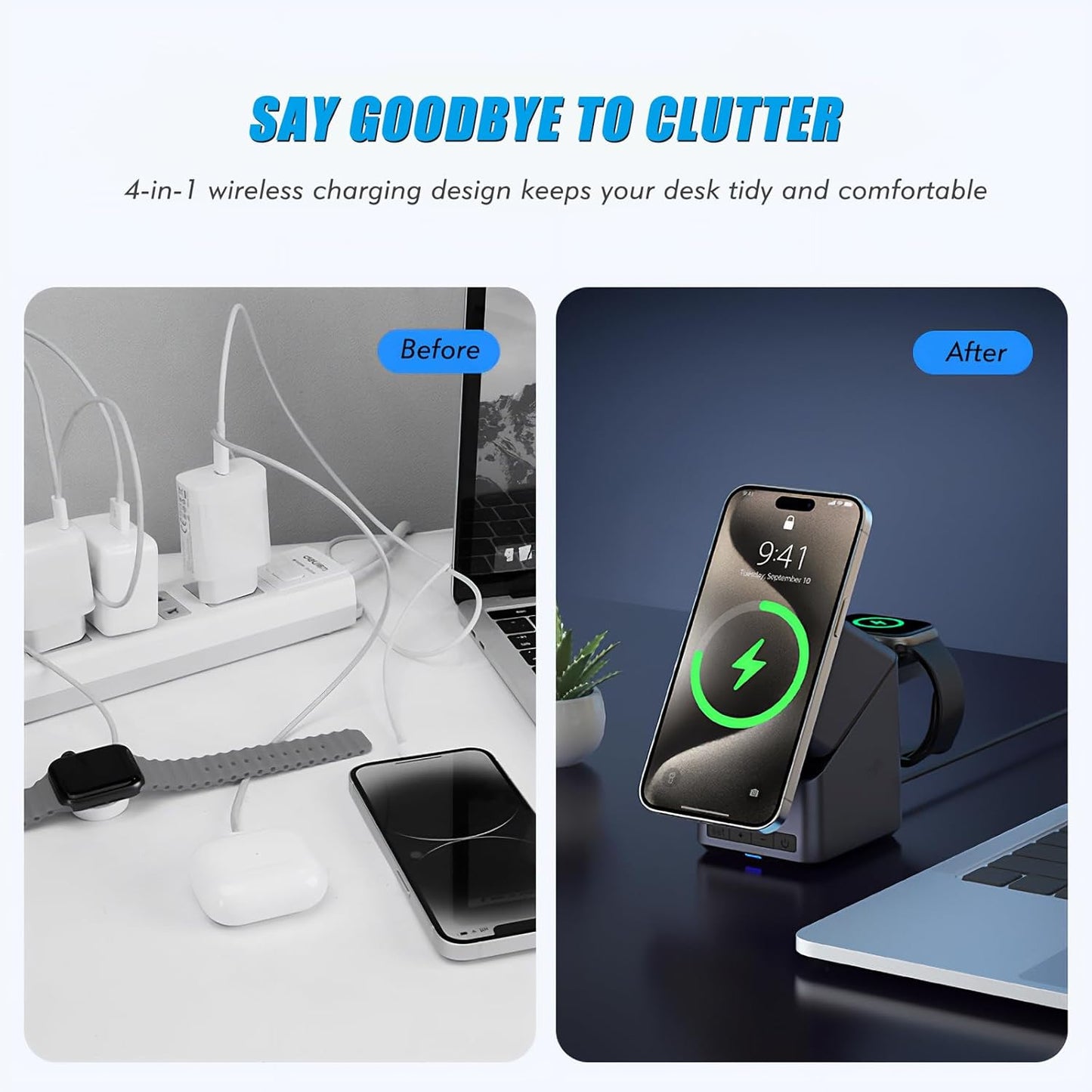 4-in-1 Charging Station Compatible with Magsafe, 15W Fast Wireless Charger Stand with LED Clock, Adjustable Metel Phone Stand for iPhone 16/15/14/13/12 Series, Apple Watch, AirPods