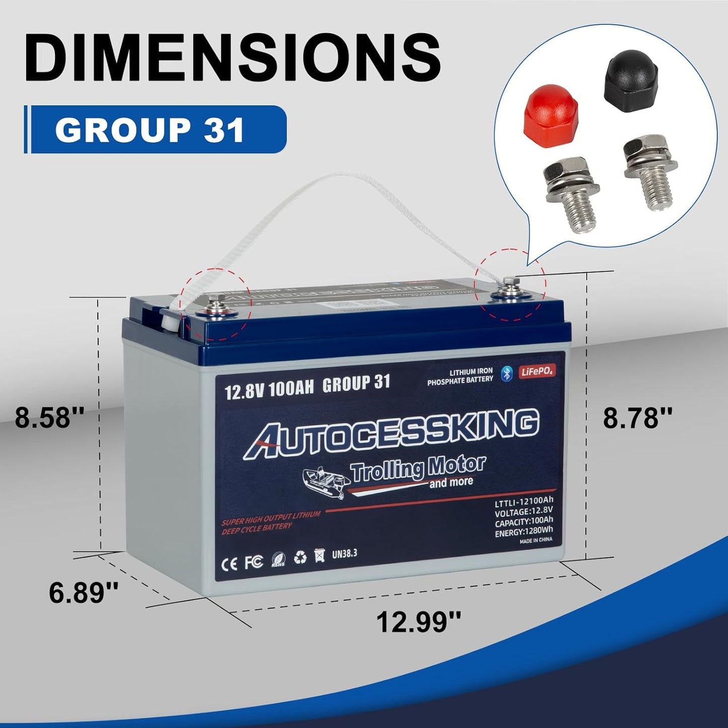 12V 100Ah Trolling Motor Bluetooth LiFePO4 Battery, 120A BMS Rechargeable BCI Group 31 Lithium Battery with Low-Temp Protection, Up to 15000 Cycles Perfect for Trolling Motor, RV, Solar