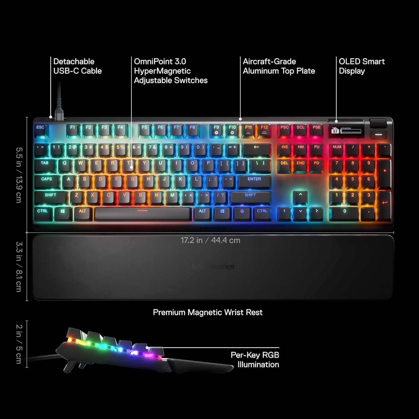 SteelSeries Apex Pro Gen 3 OmniPoint 3.0 HyperMagnetic Switches — Adjustable Actuation — Rapid Trigger — Game-Ready Presets — Protection Mode — Rapid Tap/SOCD — OLED — RGB — PBT Keycaps — USB-C