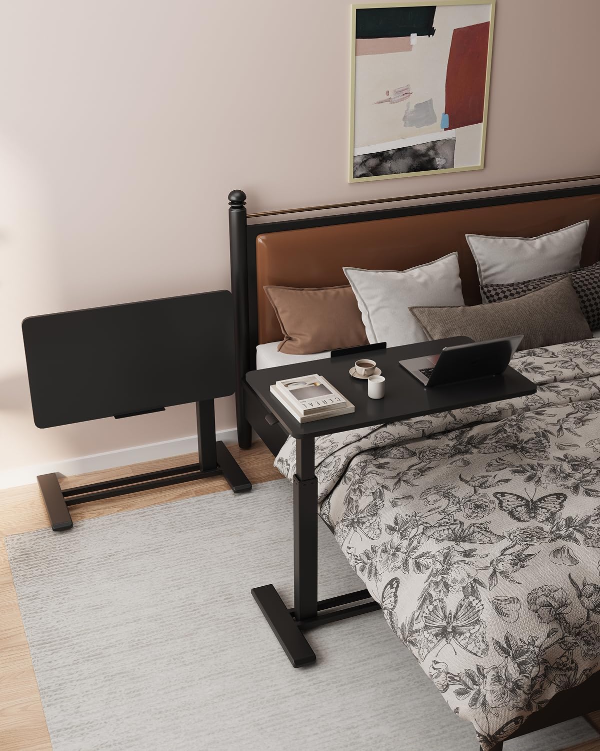 FLEXISPOT H7 PRO Mobile Standing Desk Adjustable Overbed Table Pneumatic with Wheels 90°Tiltable Portable Laptop Desk Rolling Computer Cart Foldable Bedside Table(27.6" W x 15.7" D, Black)