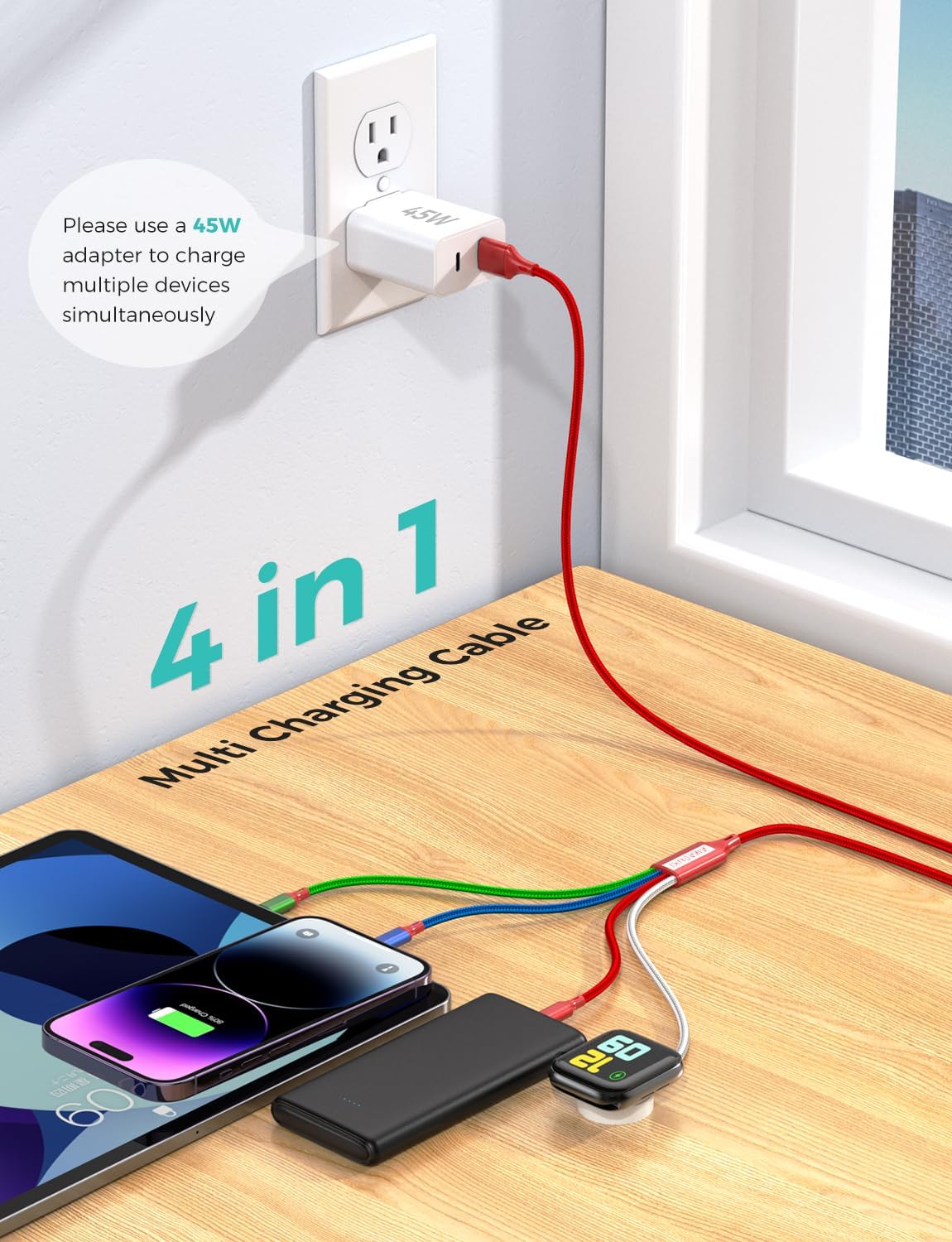 2Pack Travel Essentials Multi Charging Cable for Watch Charger 4 in 1 Fast Charger Camping Essentials USB C/L/Micro Compatible with Watch Series 10-1/SE/Ultra Phone 16 15/Galaxy Android-4FT/Red