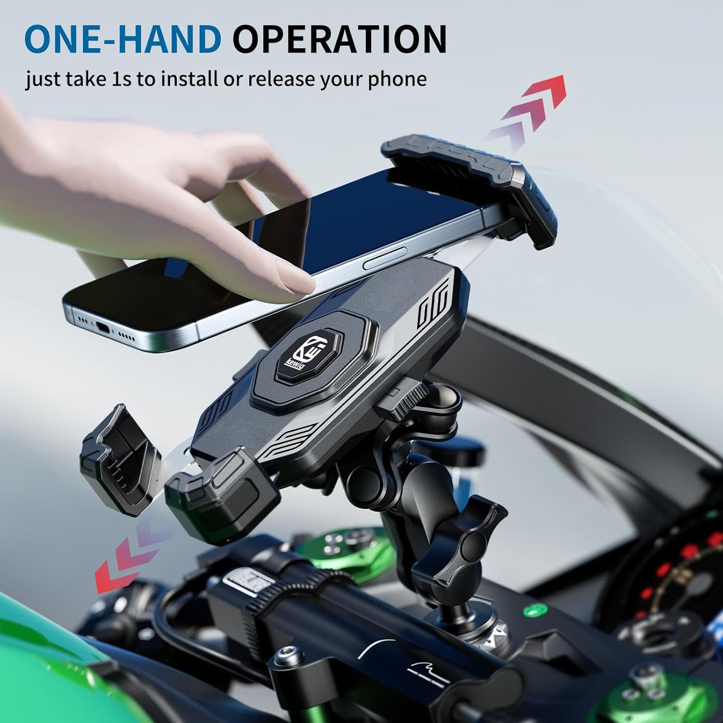 Kewig Motorcycle Fork Stem Phone Mount Holer with Vibration Dampener, [No Scratches Camera] Anti-Theft Motorcycle Cell Phone Holder, Fits for Fork Stem Tubes 12-25.4mm in Diameter, for 5.5-7.2" Phone