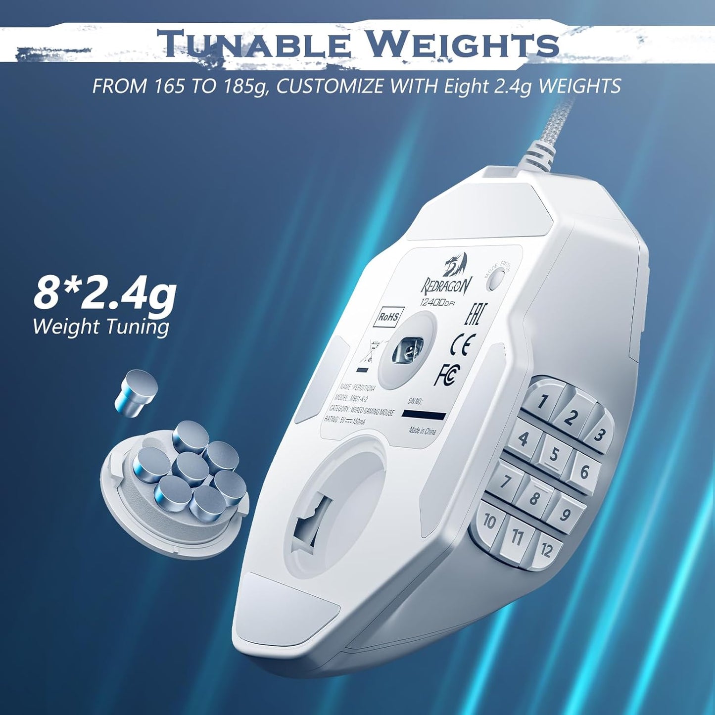 Redragon Gaming Mouse, MMO Gaming Mouse UP 12400 DPI, 19 Macro Programmable Buttons, RGB Mouse with 12 Side Buttons, 8 * 2.4g Weight Tuning for PC Laptop MOBA FPS, White