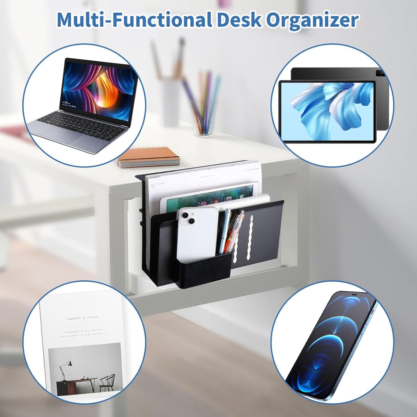 2 Tier Desk side storage, Desk Laptop Holder with Magnetic Pen Holder, No Drill Hanging Table Organizer for Office and Home Fits Flat Edge 0.3" to 2.3"