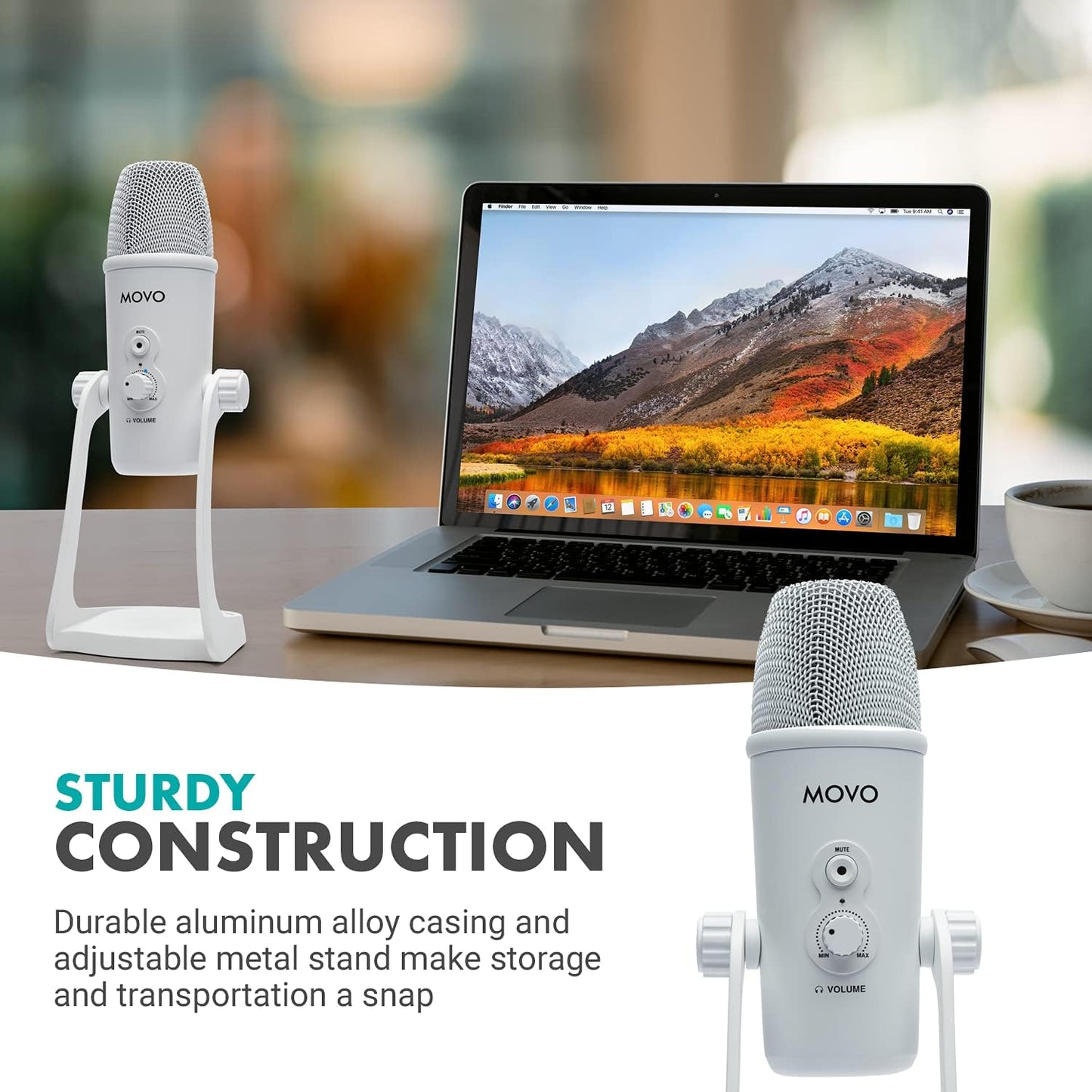 Movo UM700W White Desktop USB Microphone for Computer - Studio Mic with 4 Pickup Patterns - USB Gaming Microphone for PC, Mac, and Android - Best Mic for Podcast Recording and Streaming Setup