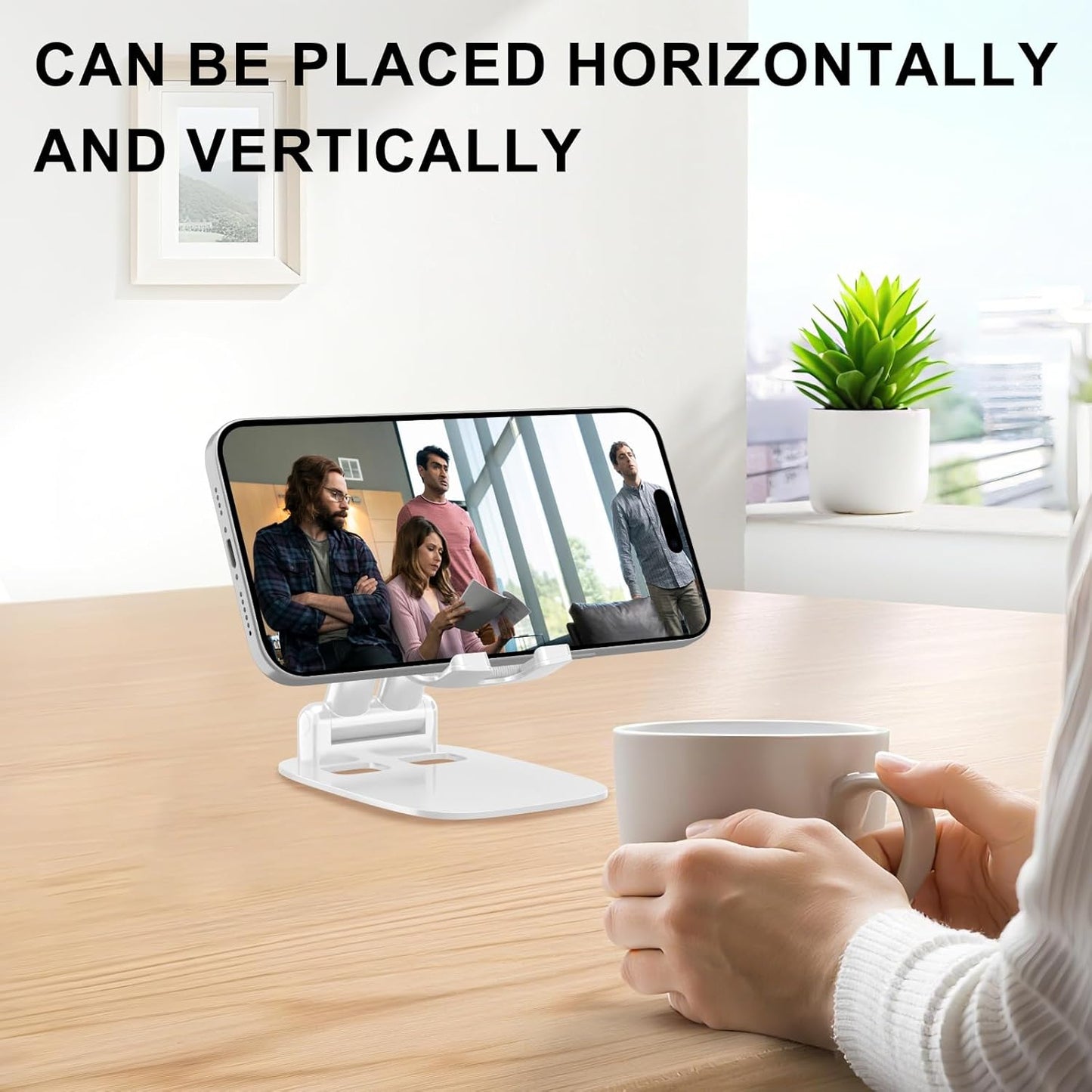 DEERLAMN Cell Phone Stand for Desk, Height Adjustable Cell Phone Holder Portable Desktop Stand, Travel Home Office Desk Accessories Compatible with iPhone 16/15/14/13/12/11 All Smartphone - White