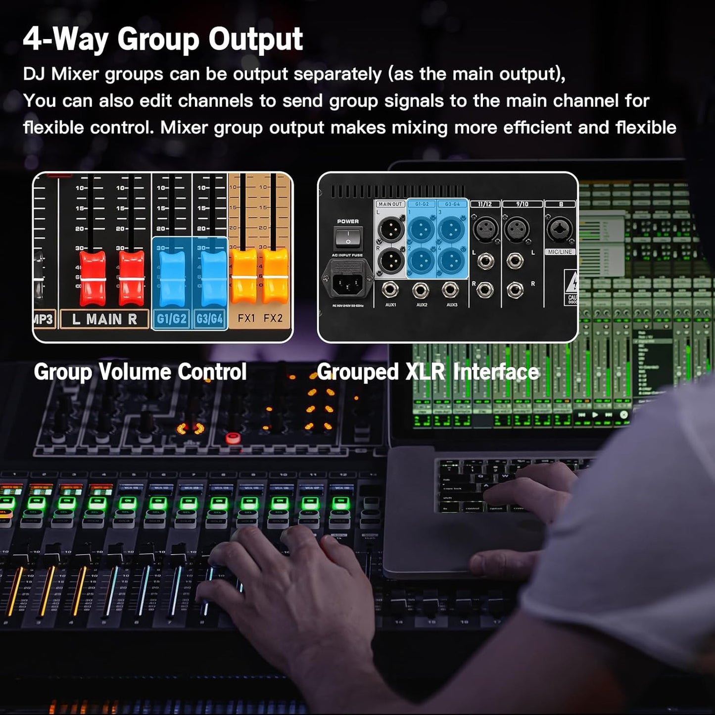 Professional Audio Mixer, 24 Channel Sound Board Mixing Console, Dual DSP Reverb, Dual 7-Band EQ, 48V Phantom Power, 4 Group Stereo Output Input, Mixer for Church