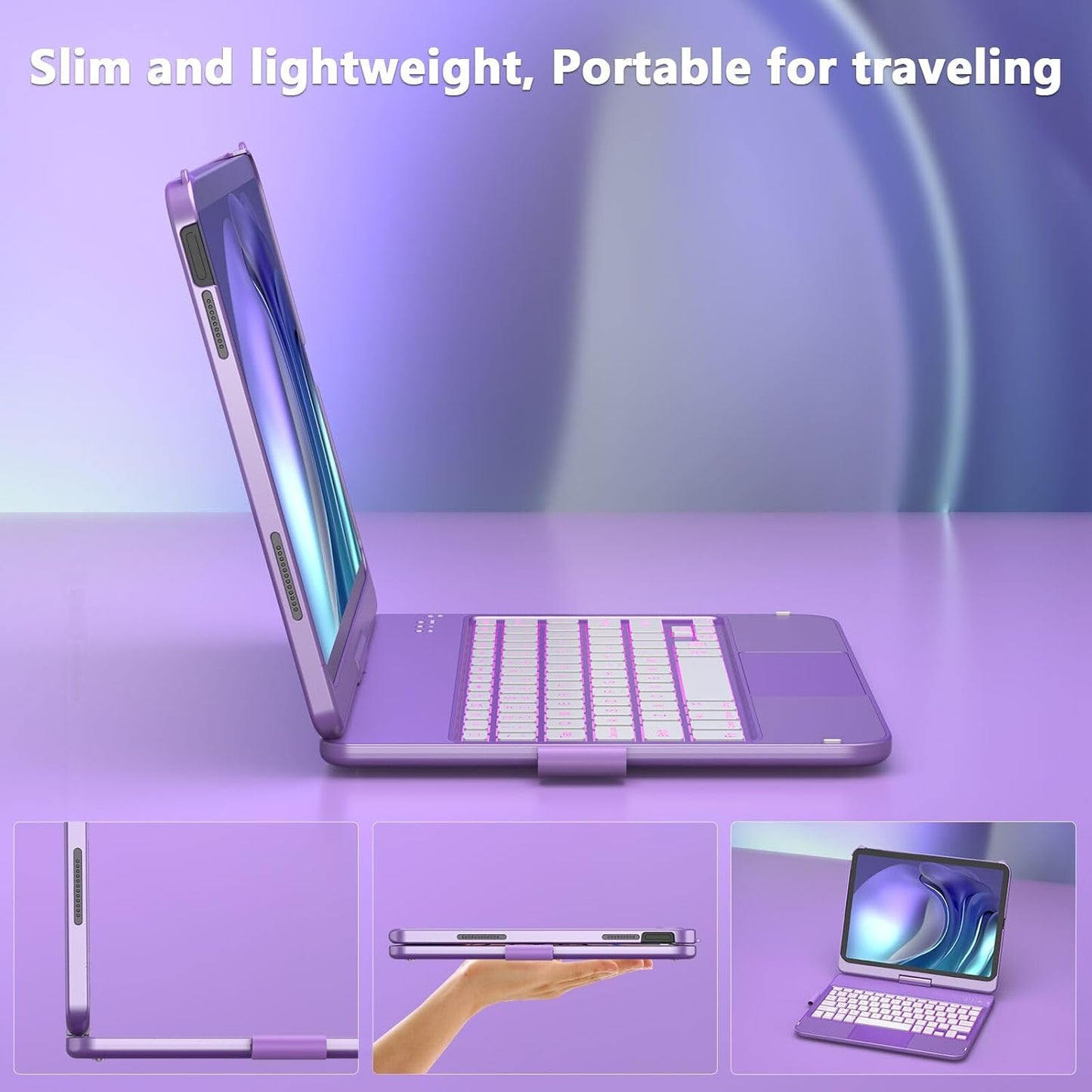 for iPad A16 11th Generation/10th Generation Case with Keyboard,Touch Keyboard for iPad 11" /10th Gen 10.9 inch 2022-10 Color Backlight, 360° Rotatable Protective Cover (Light Purple)