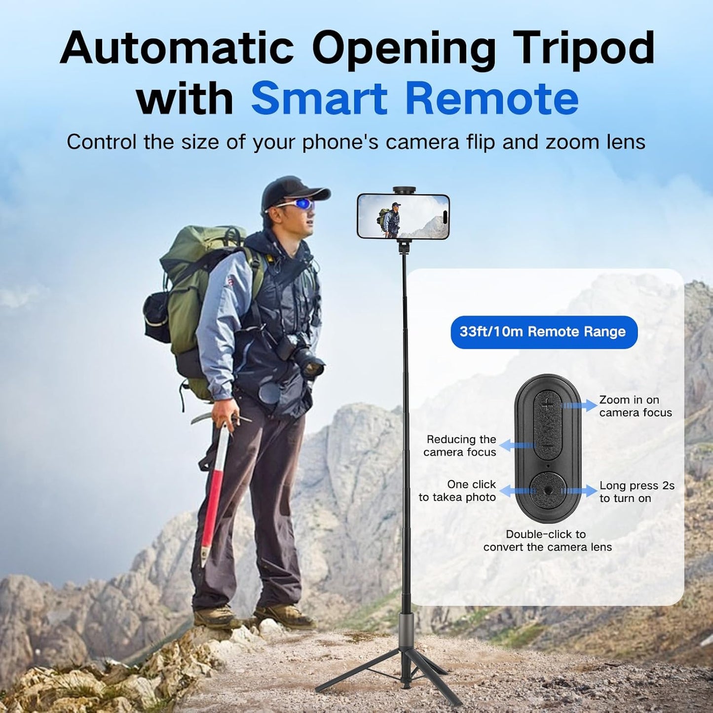 62 inch Automatic Tripod for iPhone, Auto-Open Phone Tripod Stand with Magnetic Smart Remote,Selfie Stick Remote Cell Phone Zoom Lens Size,Travel Selfie Stick for iPhone/Android