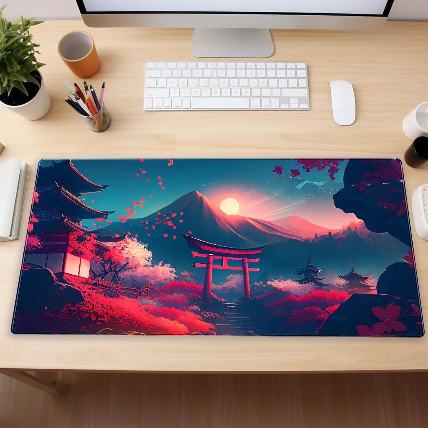 Japanese Anime Mouse Pad - Pink Sakura & Full Moon Design Gaming Desk Mat, XL Large (31.5"x15.7") Keyboard Pad for PC Laptop Office Decor