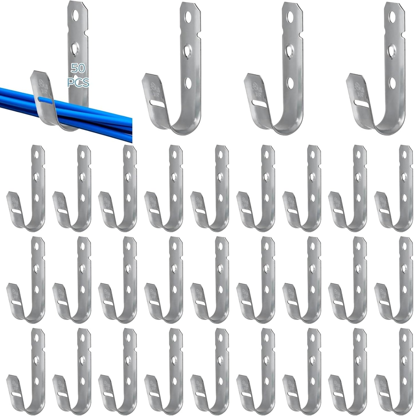 OMISTAR 50 PCS Cable Support J Hooks, 3/4 in Cable Management Brackets, Heavy Duty Galvanized Iron Wire Hooks for Network Cables, Fiber Optics, Rust-Resistant for Outdoor Use