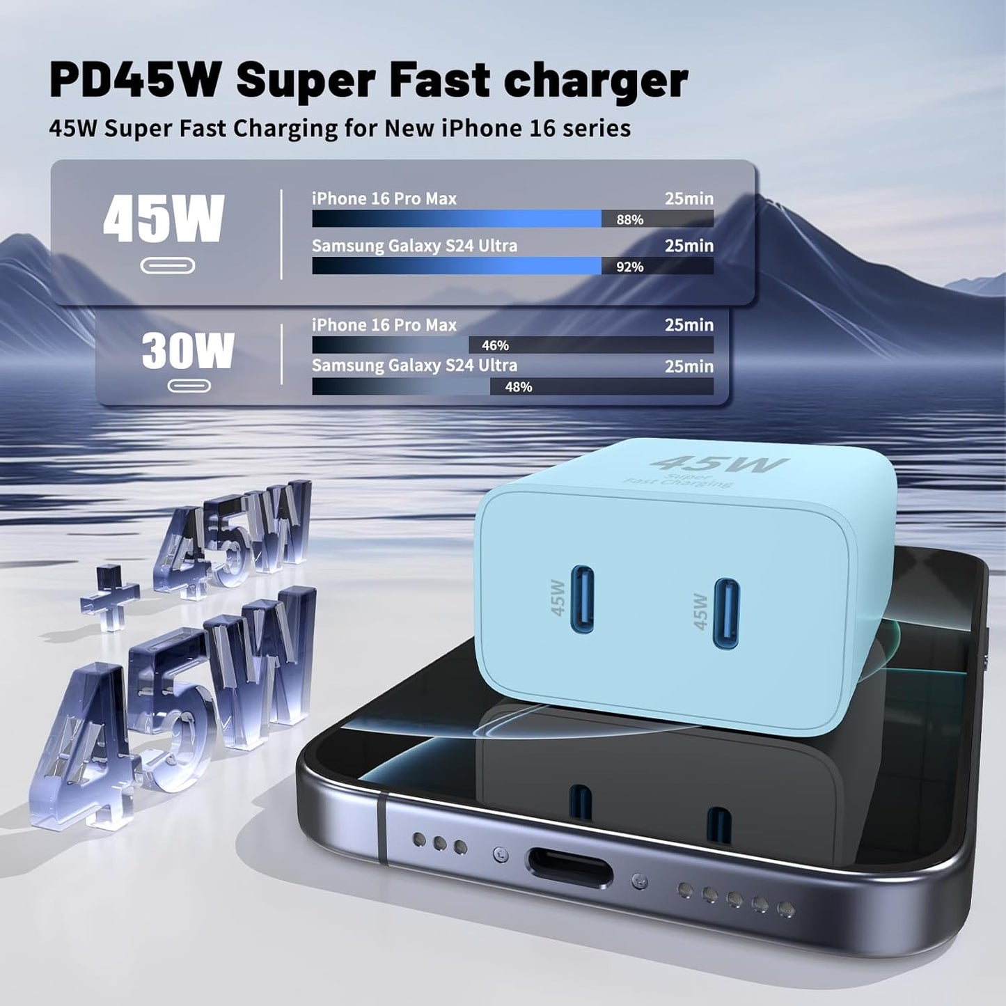 Super Fast Samsung Charger Type C,45W Dual Port USB C Fast Charger Block [2-Pack] & Extra Long 60W 3/6/6/10FT USB C Cable - PD Quick Charging 3.0 for Samsung Galaxy S25 Ultra/S24+/S23 iPhone 16