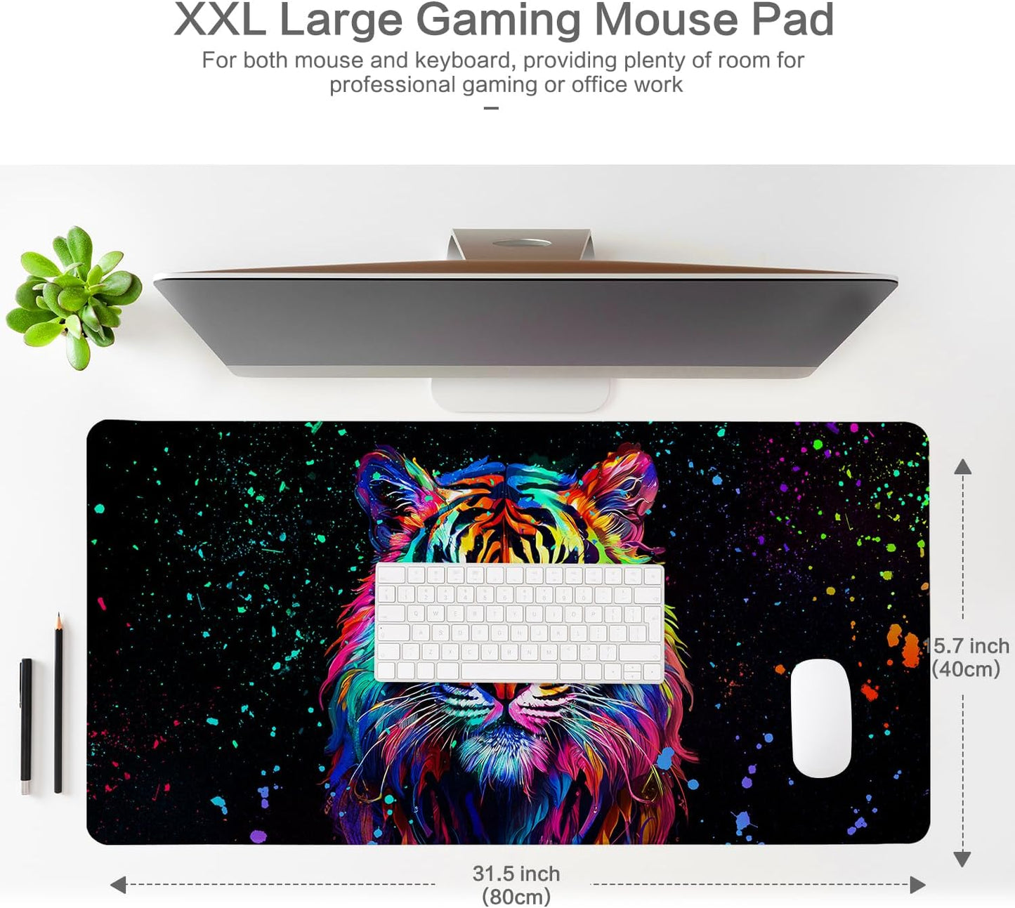 Lokigo Cool Tiger Desk Pad, Large Gaming Mouse Pad 31.5"x15.7", Waterproof Big Mouse Pad for Desk Rubber Base Desk Matt with Stitched Edges Keyboard Mousepad for Laptop, Game, Work, Study