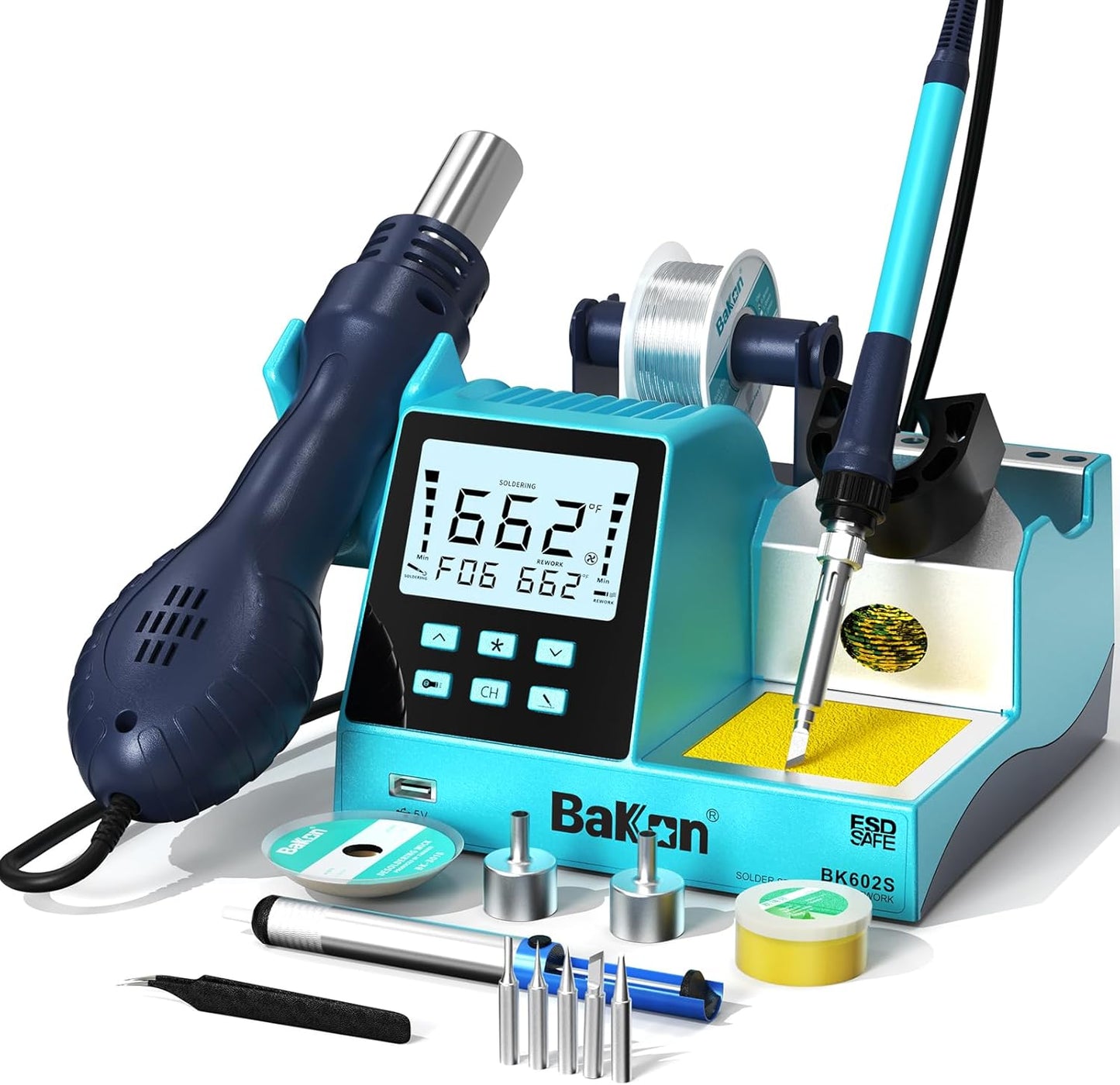 BK602S 2 in1 Soldering Iron Hot Air Rework Station,Digital Soldering Welding Iron Kit for Electronic DIY Circuit Work, Rapid Heat up Solder Station,Auto Sleep,ºC/ºF Conversion