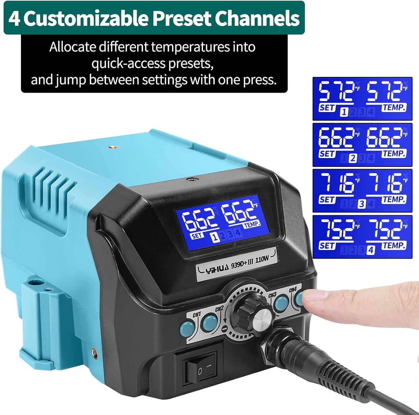 YIHUA 939D+ III EVO Digital Soldering Iron Station Kit 110W High Power with LCD display, 4 Memory Channels, Sleep Mode, Digital Calibration, Solder Wire, Helping Hands, Magnifier, 3 Soldering Tips