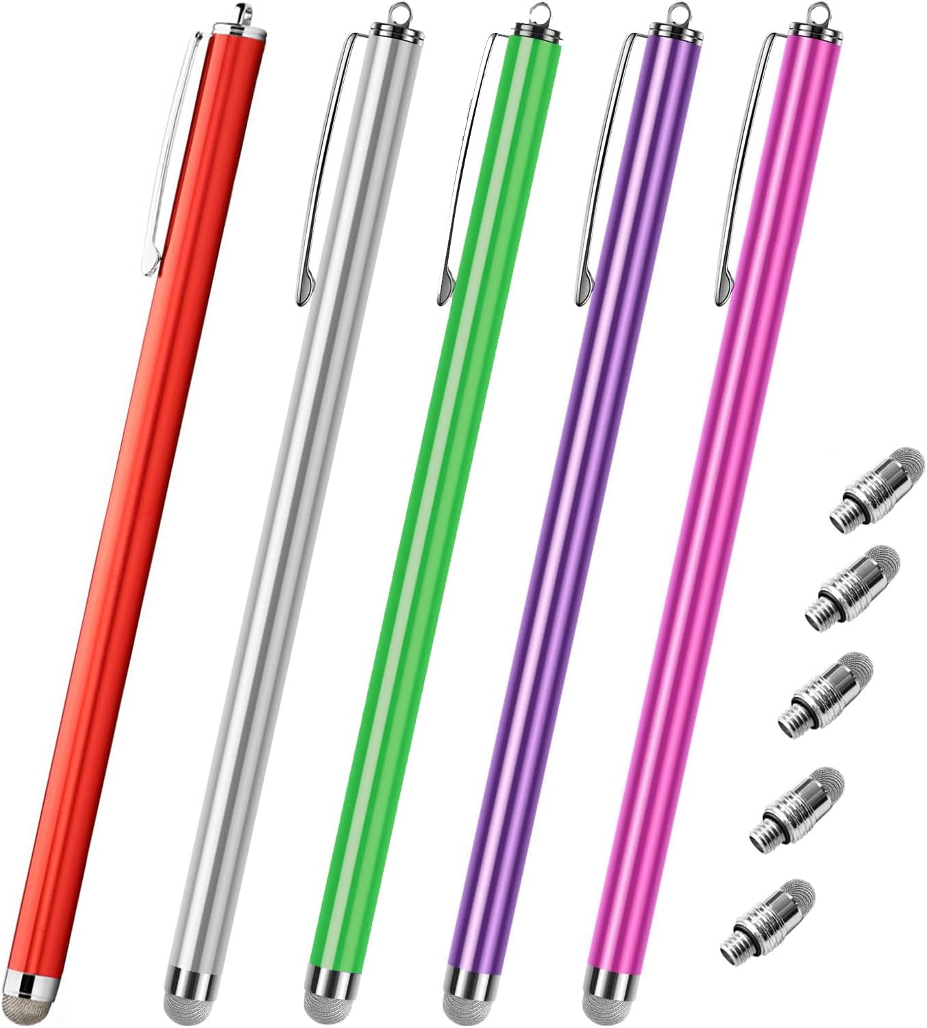 Extra Long Stylus pens for Touch Screens [5 Pack Fiber mesh Tips] Compatible for iPad iPhone Android Tablet Laptop Surface Chromebook High Sensitivity & Fine Point Capacitive Pen