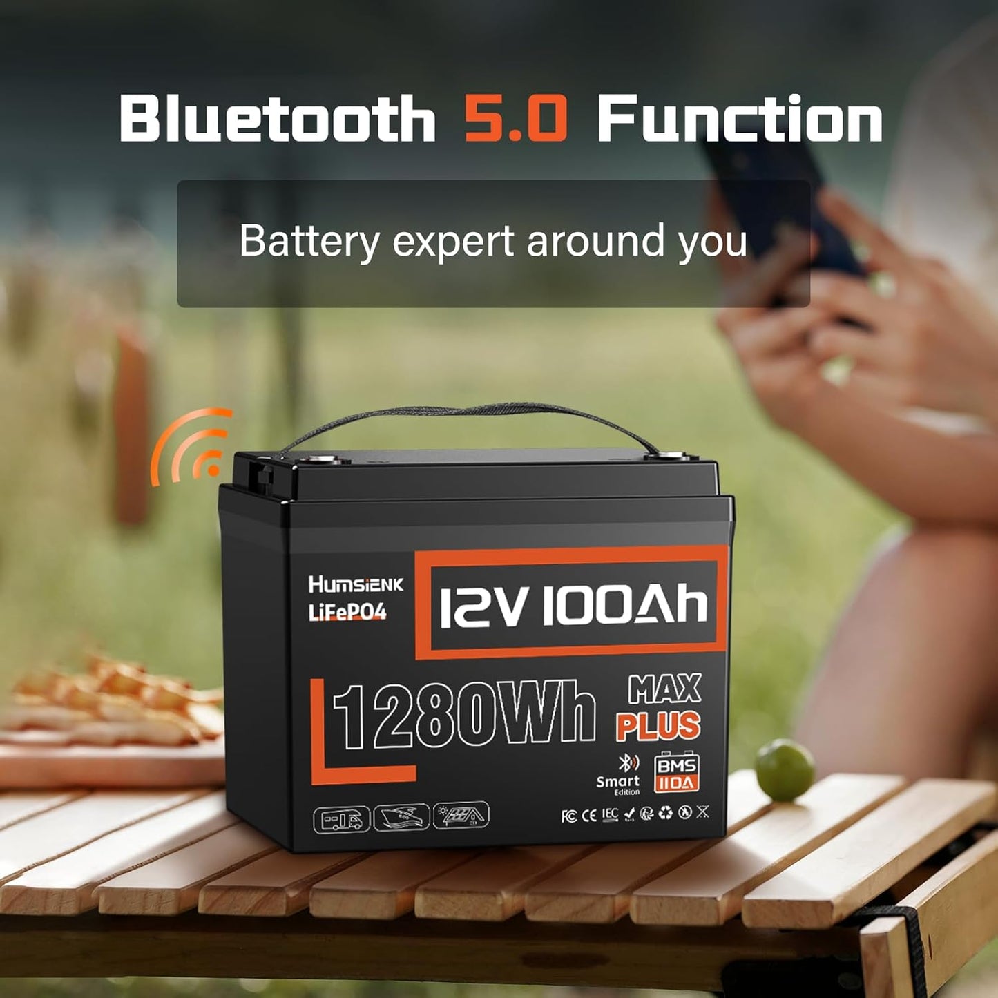4 PCS 12V 100Ah LiFePO4 Lithium Battery MAX PLUS, Built-in 110A BMS & Bluetooth 5.0, 15000+ Deep Cycles Lithium Batteries, Max.1280Wh, 10-Year Lifespan for RV, Marine