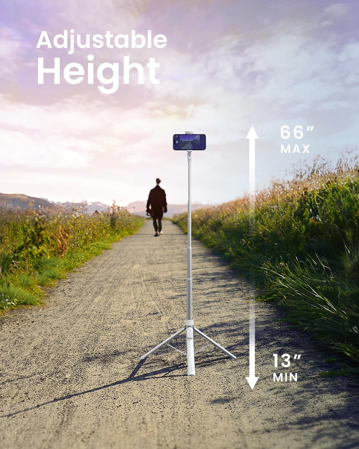 KraftGeek Tripod for iPhone, 66” JustTap Phone Tripod, Selfie Stick Cell Phone Stand for Recording Travel, Content Creator Essentials, White