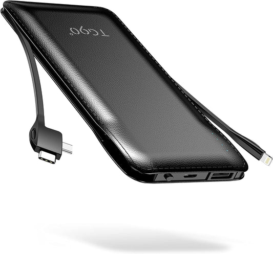 TG90° Portable Charger with Cords 10000mAh Power Bank with Built in Cables Battery Backup Cell Phone External Battery Pack Compatible with iPhone 16 15 14 13 12 Samsung S22 S21 Google iPad etc