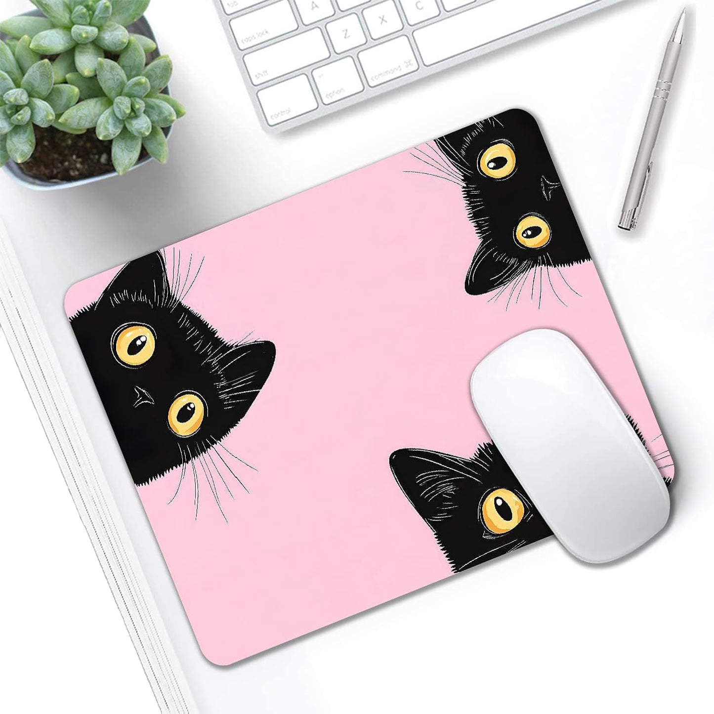 Mouse Pad, Cute Pink Black Cats Mouse Pads for Desk, 9.5" x 7.9" Non-Slip Rubber Base Computer Mousepad with Women, Portable Square Design for Wireless Mouse and Pad Laptop Office & Travel