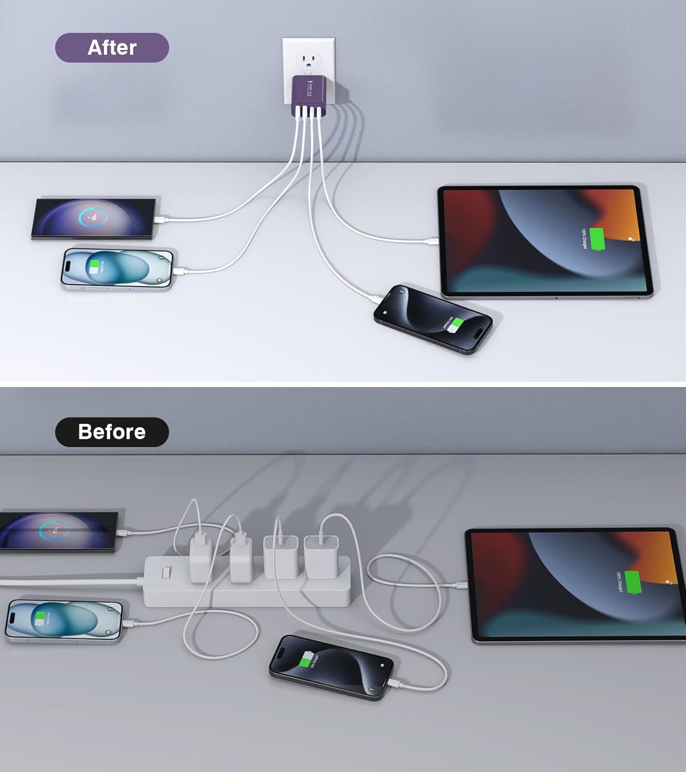 [2Pack] 40W USB C Plug,4-Port Fast Charger Block PD+QC 4 Port Charger Cube Wall Charging Box Brick for Samsung Galaxy S22/S21+/S21 Ultra,Magsafe Wireless Charger,iPhone 16/16 Pro Max/15/14/13(Purple)