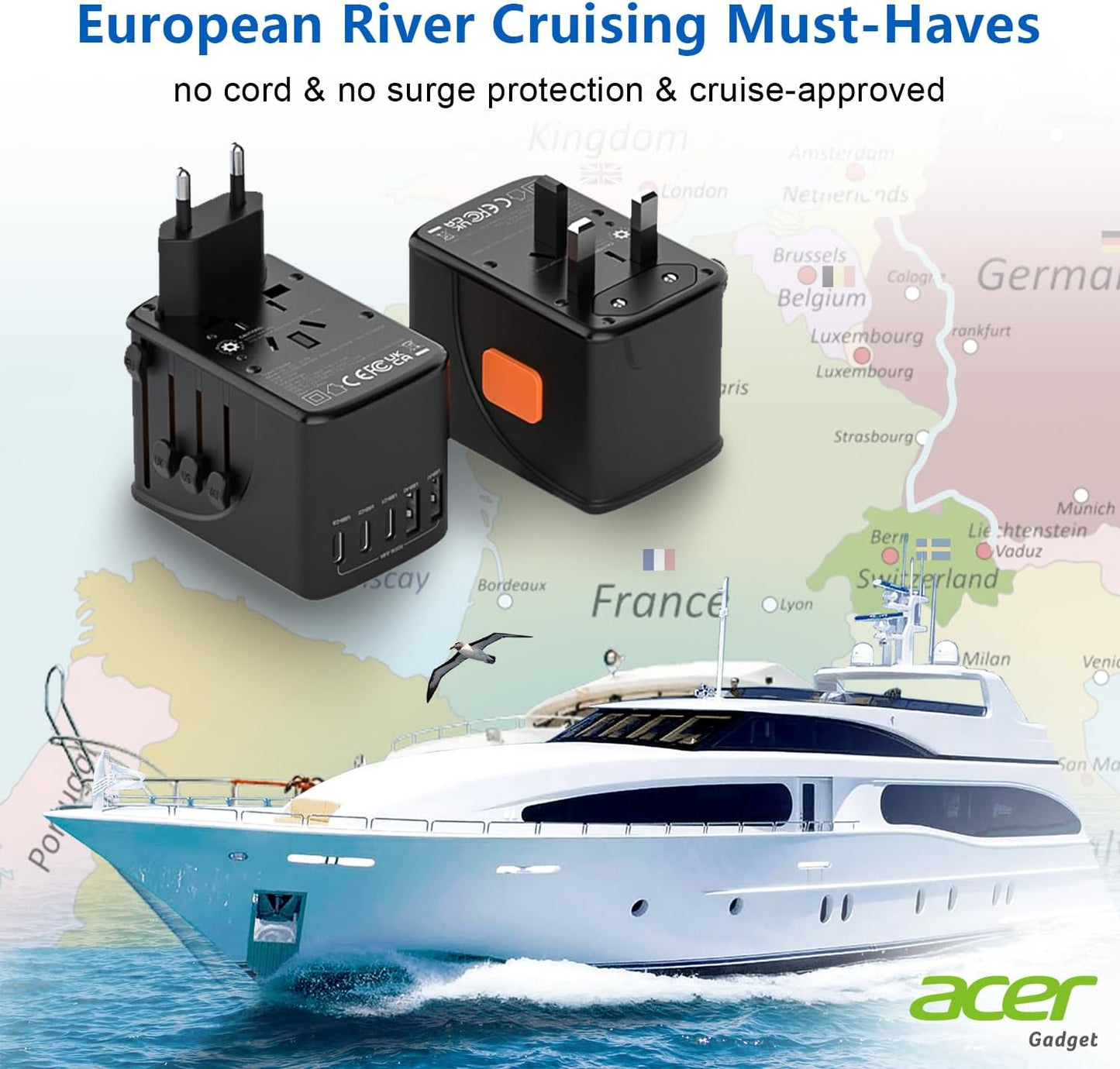 Acer 70W GaN Universal Travel Plug Adapter - International Power Adapter with 3 USB C & 1 USB A, Worldwide Power Outlet Travel Essentials for USA to European UK AUS Ireland, Type C/G/I/A, Black